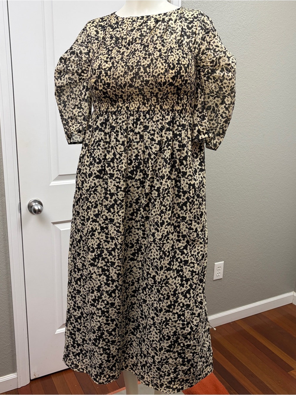 Rebecca Taylor Cotton Silk Smocked Midi Dress Black Ivory Print Medium